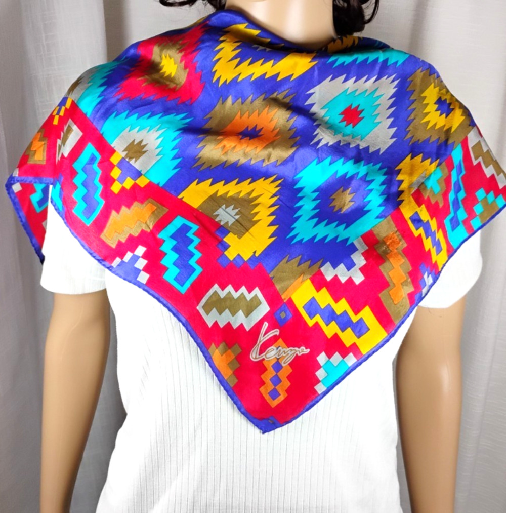 Kenzo Silk Satin Square Scarf Geometric Ikat Diamond Dopamine Festival Bold